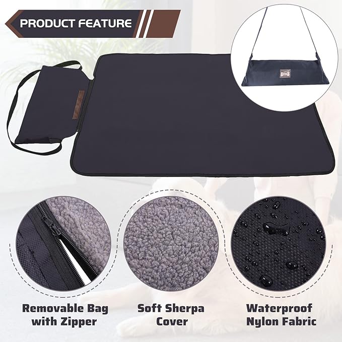 ROZKITCH Outdoor Pet Dog Pad 39"x28" Portable Reversible Waterproof Sleeping Mat - Reusable Machine Washable Easy to Clean & Carry for Camping Travel - Sherpa for Small Medium Large Dogs Black