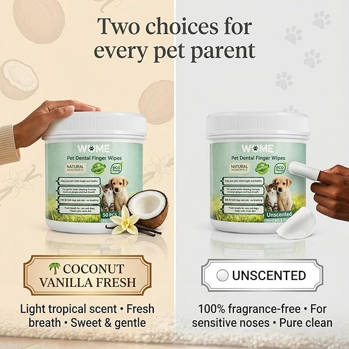 WUME Pet Dental Finger Wipes for Dogs & Cats Vet-Inspired Teeth Cleaning Wipes, Toothbrush Alternative, Gentle, Alcohol-Free, Disposable, 50 Counts