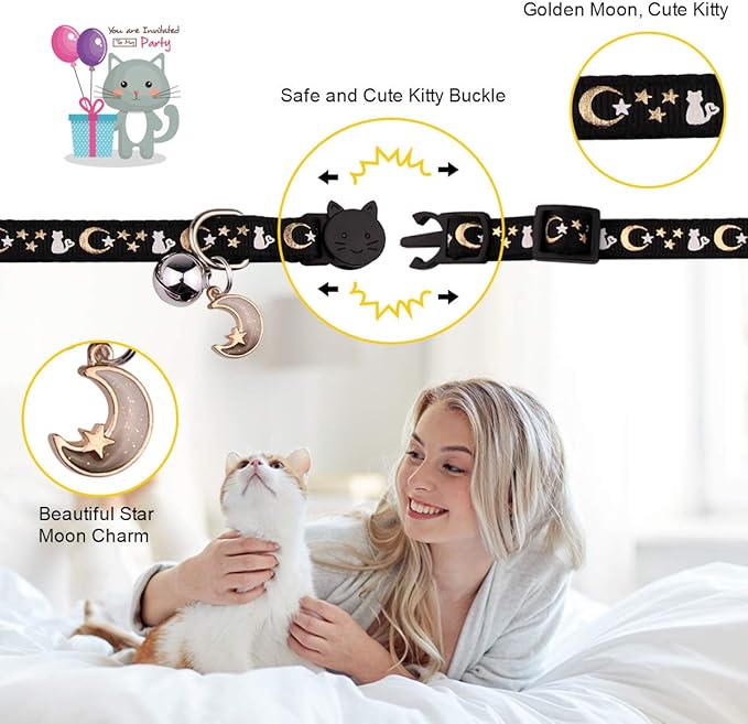 Baeuppit 2PCS Breakaway Cat Collars with Bell Cute Kitty Glow in The Dark Adjustable Kitten Collars 7.9-13.0 Inch(Black&Pink)