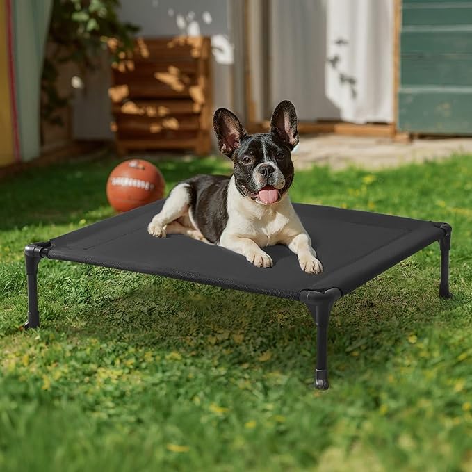 Veehoo Outdoor Elevated Dog Bed for Medium Dogs, Cooling Raised Dog Cot Off Ground Hammock Pet Beds with Breathable Mesh, No-Slip Feet, 32"x25", Black