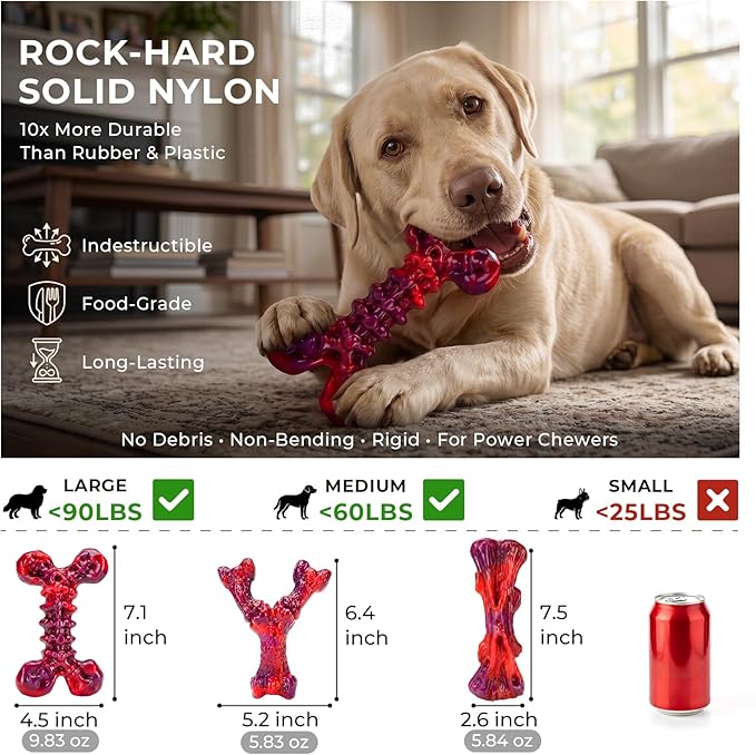 Kseroo Indestructible Dog Toys for Aggressive Chewers: 3-Pack Beef Flavored Hard Nylon Dog Chew Toys for Medium & Large Dogs(25-90lbs), Tough Super Chewer Dog Bones Toys to Keep Them Busy, Red