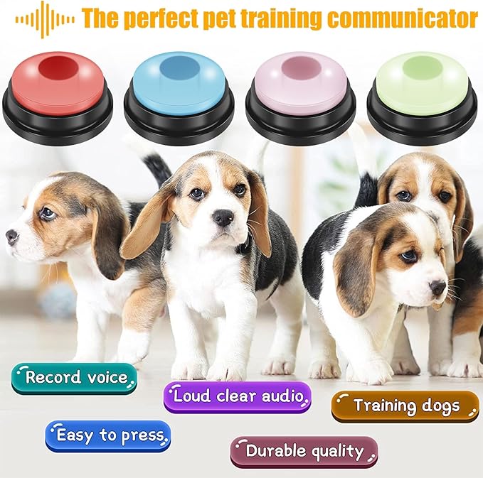 4Pcs Dog Button with 4 Color Dog Talking Button Recordable Pet Training Buzzer Portable Communication Button Battery Powered Pet Training Button Fun Voice Recording Button for Dogs