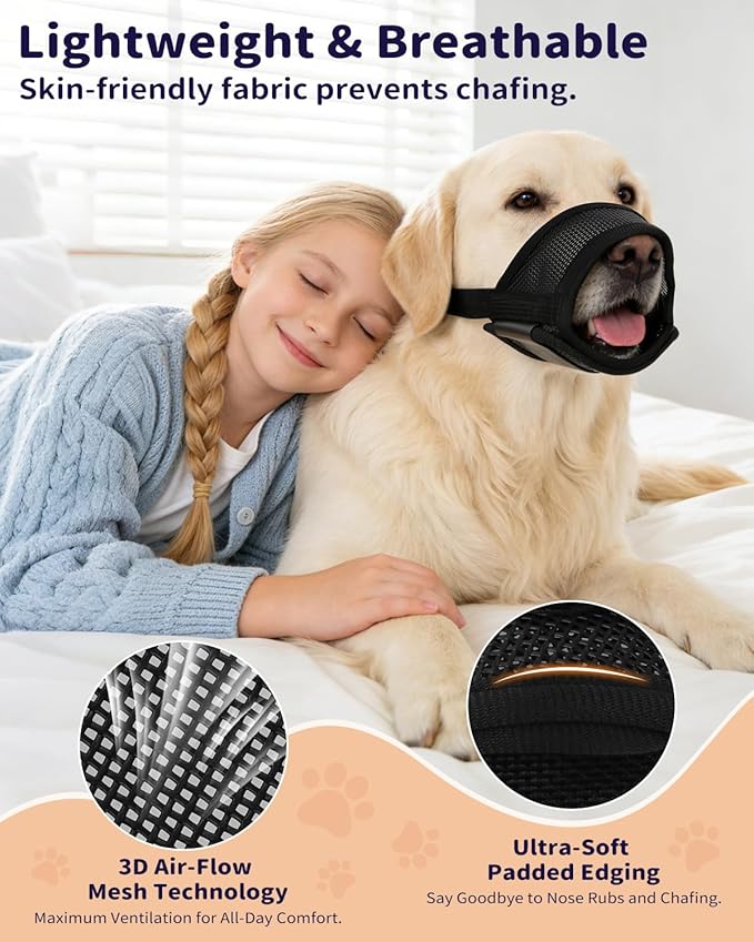 Dog Muzzle for Medium Dogs Beagle, 3D Air Mesh Breathable Mouth Guard to Stop Scavenging Biting, Escape-Proof Pet Snout Strap, Black M
