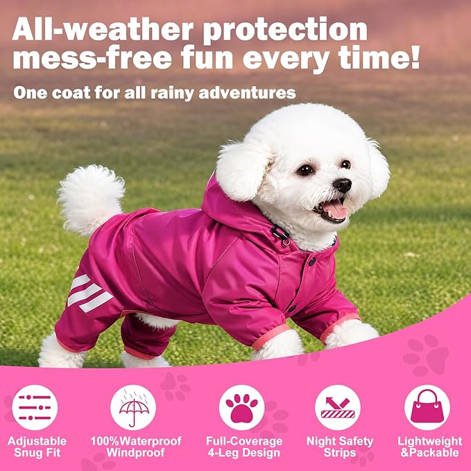 Dog Raincoat Waterproof Windproof Full Body Pet Jacket, Adjustable Reflective Puppy Rain Suit with Leash Hole, Lightweight Foldable Dog Coat for Small Medium Dogs(Pink, XL)