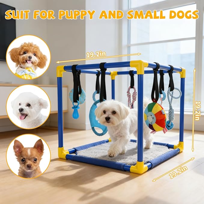 Puppy Play Gym with Hanging Toys, Dog Indoor Jungle Gym as Activities Center for Puppies, PVC Frame with 8 Enrichment Toys for Small Dogs Kitten and Other Pets
