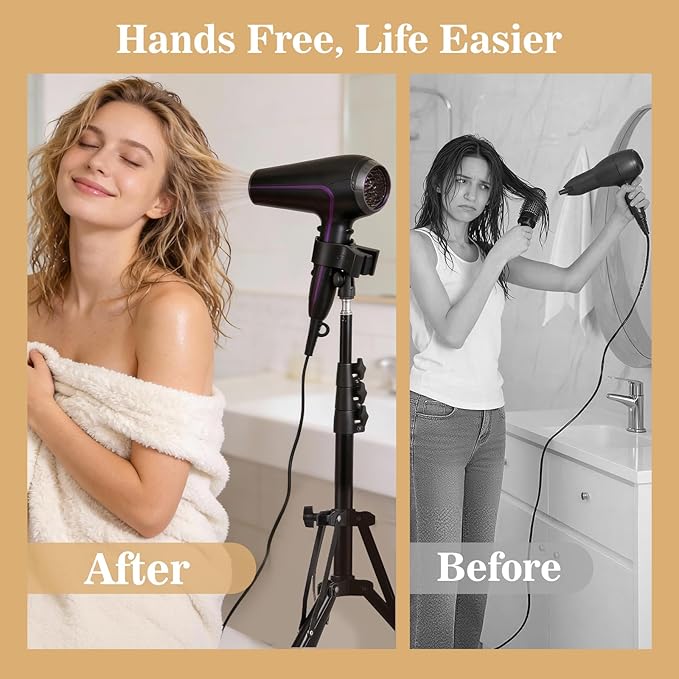 Hair Dryer Stand Adjustable, 27-59 Inch Hair Dryer Holder with Triangular Base and Universal Clip, 180° Rotating for Bathroom, Vanity, Makeup Room, Home Styling and Pet Grooming