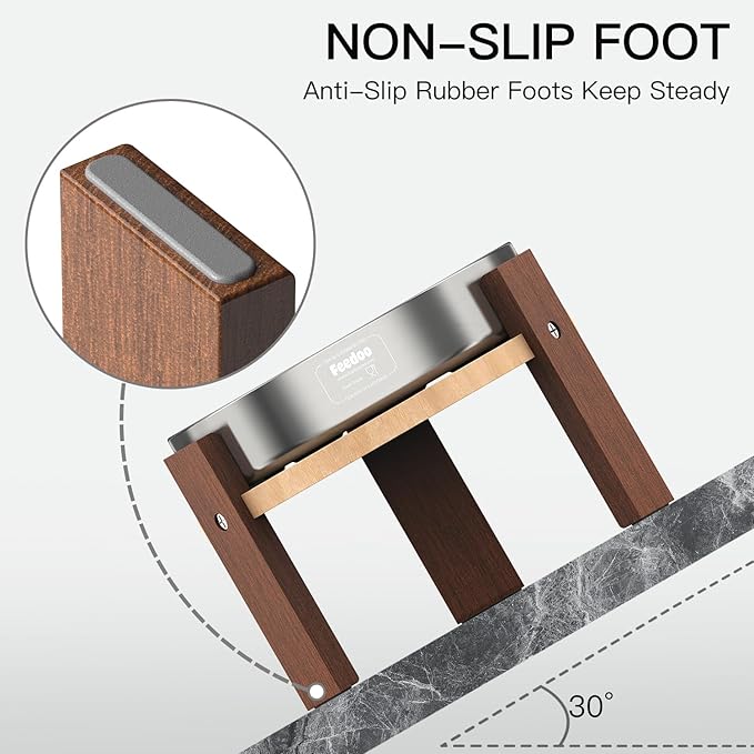 Elevated Dog Bowl Stand, 4'' Height Raised Stand for Small Dogs, Includes 1Cup Stainless Steel Slow Feeder Dog Bowl, Durable Solid Hardwood