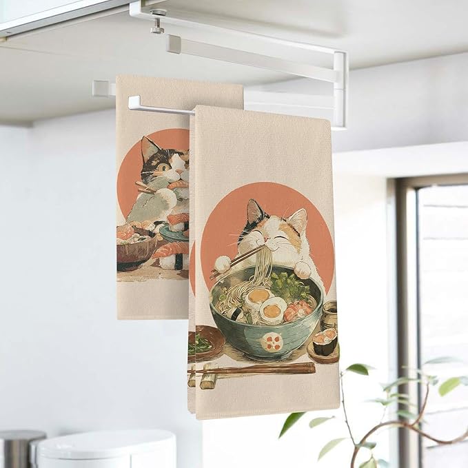 Funny Cat Japanese Food Kitchen Dish Towels Set of 2, Pet Sushi Ramen Noodles Drying Hand Towel Baking Cooking Cloth, Asian Cuisine Restaurant Dinning Room Home Decor 18'' x 26''