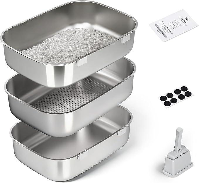 Triple Pan Stainless Steel Sifting Cat Litter Box, Large High Sided Metal Litter Box for Big Cats up to 20lbs, Odor-Free Non-Stick Easy Clean System, No Scooping Sifter Tray for Multi-Cat Homes