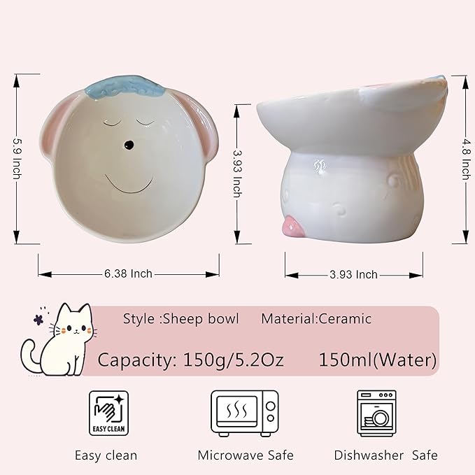Cute Highland Cow Design Elevated Cat Bowl,Catoon Animal Dish - 15° Tilted Ceramic Pet Food Dish, Anti-Vomit for Cats/Dogs, Wide Mouth, Holds 150g Kibble