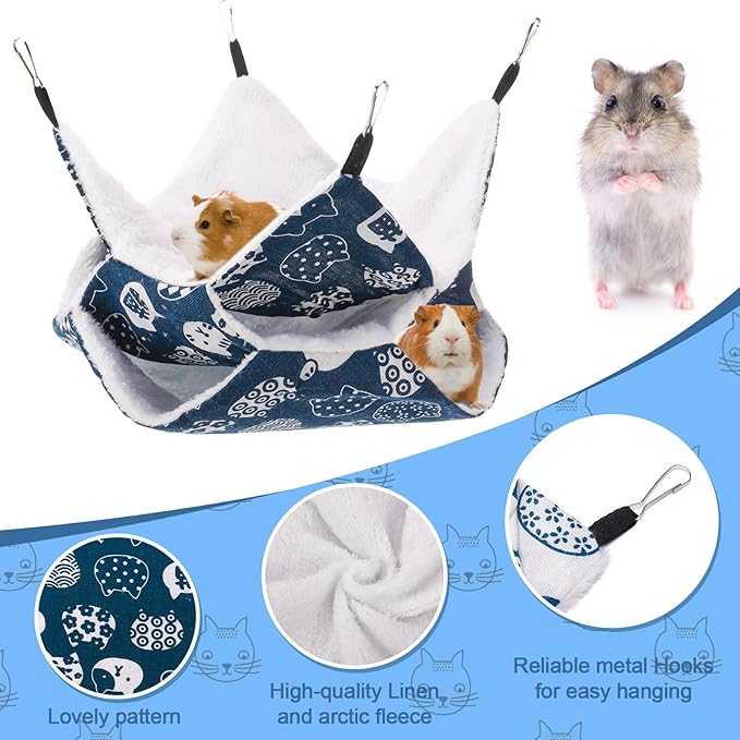 2Pcs 3-Layer Guinea Pig Hammock, Soft Arctic Fluff Linen Small Animal Hanging Bed with 4 Metal Hook, Washable Warm Cage Hammock for Hamster Rat Guinea Pig Ferret Chinchilla Sugar Glider