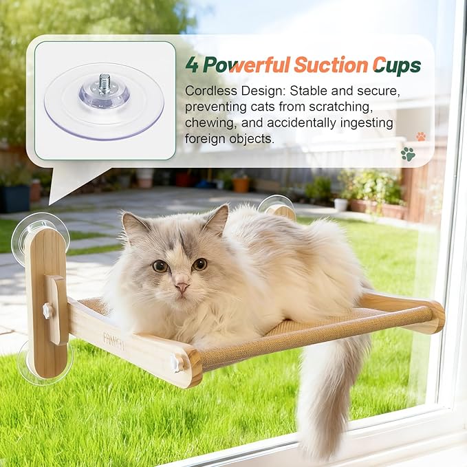Foldable Cat Window Perch - Natural Pine Cat Sill Seat, 45LBS Heavy Duty Cordless Design, Space-Saving No-Scratch Window Hammock for Indoor Cats