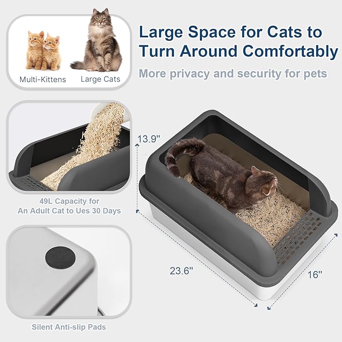 Suzzipaws 8" Deep Stainless Steel Litter Box with Lid Extra Large Cat Litter Box for Big Cats XL Metal Litter Pan Tray with High Wall Sides Enclosure, Non-Sticky, Anti-Leakage (Charcoal Gray)