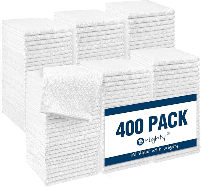 Orighty Microfiber Washcloths 400 Pack, Highly Absorbent and Soft Feel Face Cloths, Multi-Purpose Wash Cloths & Hand Towels for Bathroom, Hotel, Spa, and Gym, 12x12 Inch, White