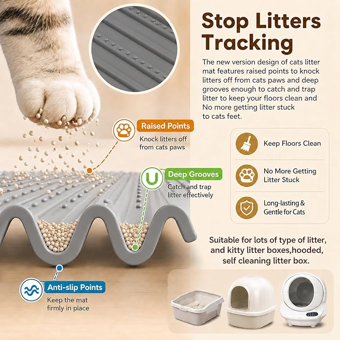 Mofason Cat Litter Mat XXL - Waterproof Kitty Litter Box mat for Floor - Extra Large Pet Trapping Litter Rug Pad - Silicone Cat Supplies & Accessories for Indoor Cats (38" x 25") -Grey