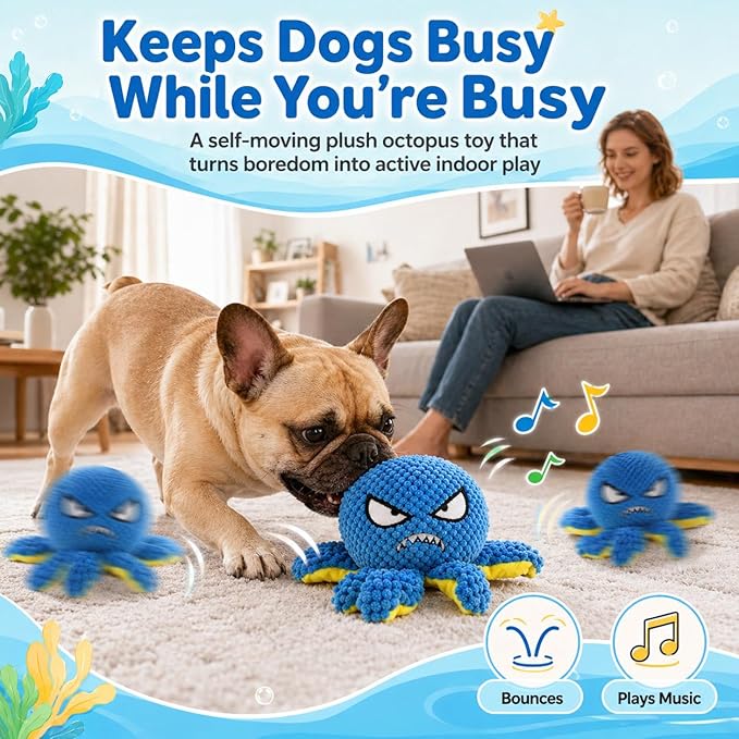 Interactive Dog Toys Octopus - Moving Dog Toys to Keep Them Busy, Rechargeable Automatic Music Bouncing Ball with 4 Play Modes, Squeaky Crinkle Plush Chew Toy for Small Medium Large Dogs