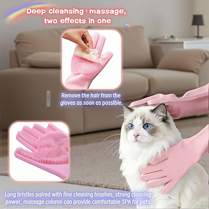 Silicone Dog Grooming Glove for Dogs and Cats, Enhanced Five-Finger Fit, Non-Slip & Extended Cuff, Dual-Sided Pet Bath Brush for Washing, Massage & Deep Cleaning 1 Pair (Pink)