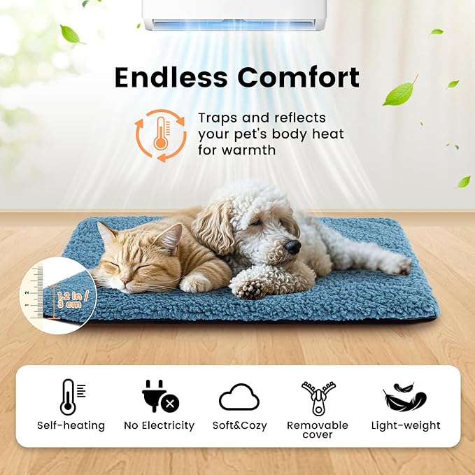 Dog Bed Mat Self Heating Pad for Medium Small Dogs, Dog House Bed Crate Pad for Sleeping Self Warming Pet Bed Puppy Blanket with Removable Washable Cover, Blue 36 Inches