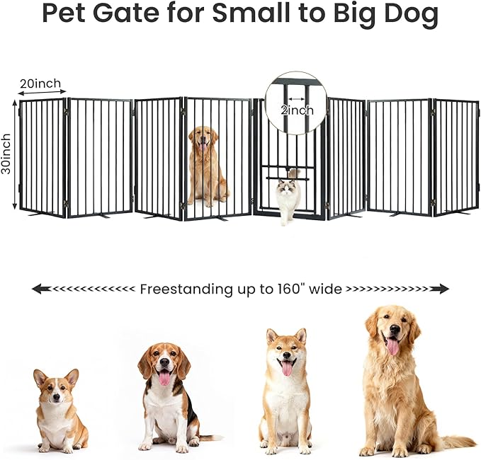 Metal Freestanding Dog Gate with Cat Door for Outdoor & Indoor,160" Extra Wide Foldable Pet Fence,30" Tall Dog Gate for RV Camping,Stairs,Hallways,Doorways,Deck,Yard,with 7PCS Support(8 Panels,Black)
