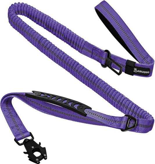 Heavy Duty Tactical Dog Leash, 4-6FT Shock Absorbing Bungee Lead with 2 Padded Handles, Metal Carabiner & Seatbelt Clip, Reflective No-Pull Leash for Medium/Large Dogs Purple