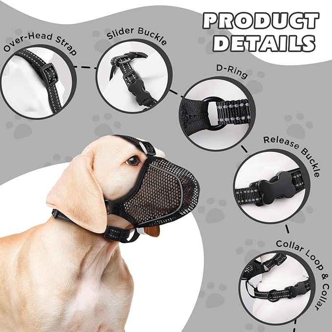 Dog Muzzle,Mesh Soft Muzzle for Small Medium Large Sized Dogs, Breathable Reflective Adjustable Puppy Muzzles with Collar for Scavenging Grooming Biting Chewing,Allows Panting and Drinking(Black S)