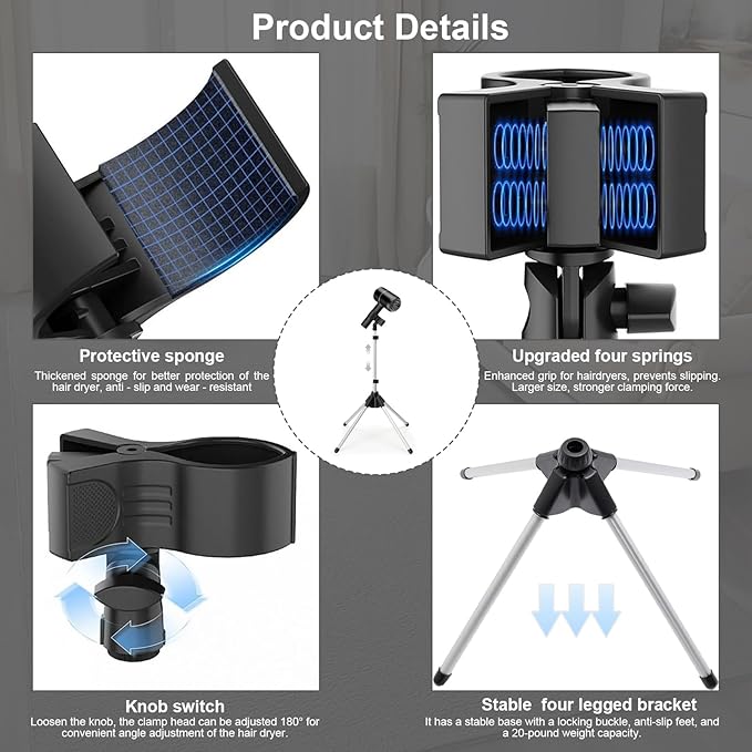 Funvalley Surperfect Adjustable Hair Dryer Holder, 29-59 Inch Hands-Free Stand with Tripod & Universal Clip, 360-Degree Rotating for Bathroom, Vanity, Makeup Room,Gift For Christmas