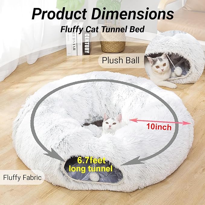 Warm Fluffy Plush Cat Dog Tunnel Bed Under Christmas Tree Big Tube Playground Toys 3 FT Diameter Longer Crinkle Collapsible 3 Way, for Indoor Cat Kitty Kitten Puppy Rabbit Ferret White