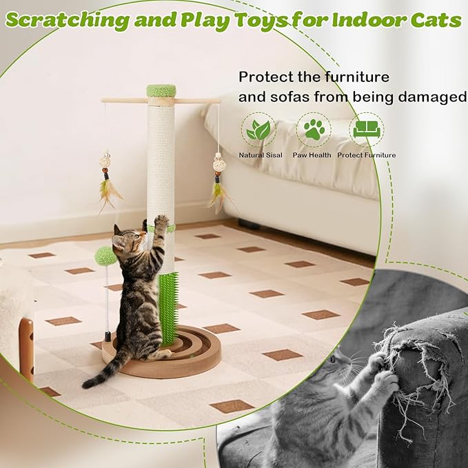 Cat Scratching Post, 26 Inch Tall Scratching Posts for Indoor Small Cats and Kittens, Sisal Cat Scratch Post with Hanging Toys, Rubber Brush and Double-Layer Interactive Wooden Ball Track
