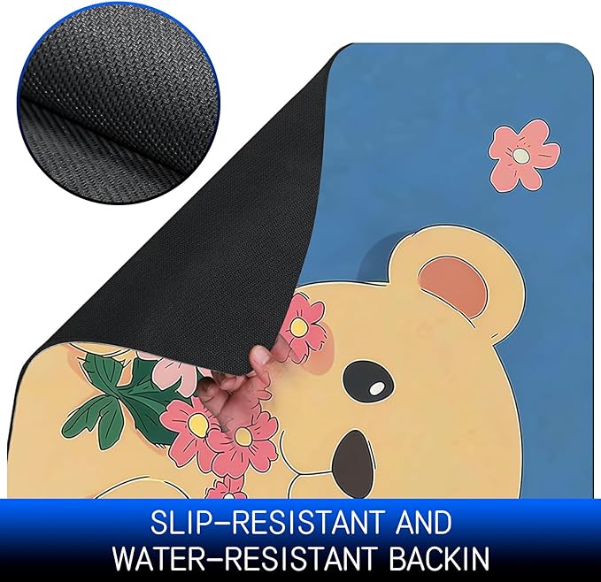 Dog Food Mat, 15.7" x 23.6" Absorbent Pet Feeding Mat for Food and Water, Waterproof Diatom Mud Pet Placemat with Non-Slip Rubber Backing, Easy Clean Cat Bowl Mat for Floors - Pink Flower Bear