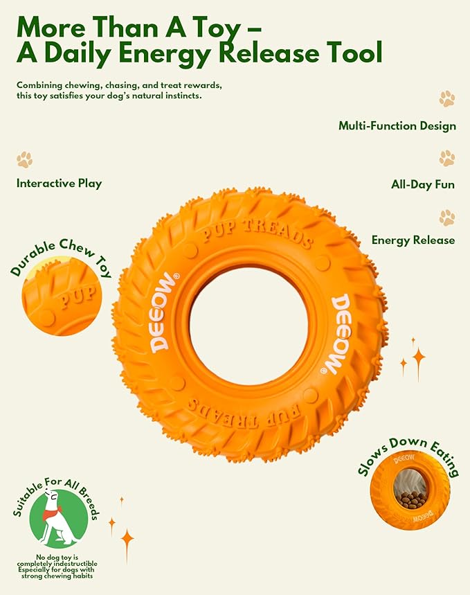 Deeow Orange Tire Dog Chew Toy, Natural Rubber Puppy Teething Ring for Dental Care, Soft Durable Pet Toy for Small Medium Dogs, Indoor Outdoor Fetch Toy for Teething, Anxiety Relief & Boredom Buster