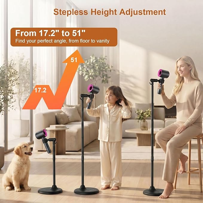 Mistriddle Hands Free Hair Dryer Holder Floor Stand, Adjustable Height (17.2"-51"), Universal Clip with TPU Protection & Organizer Hook, Stable Aluminum Base Blow Dryer Stand Hands Free(Black)