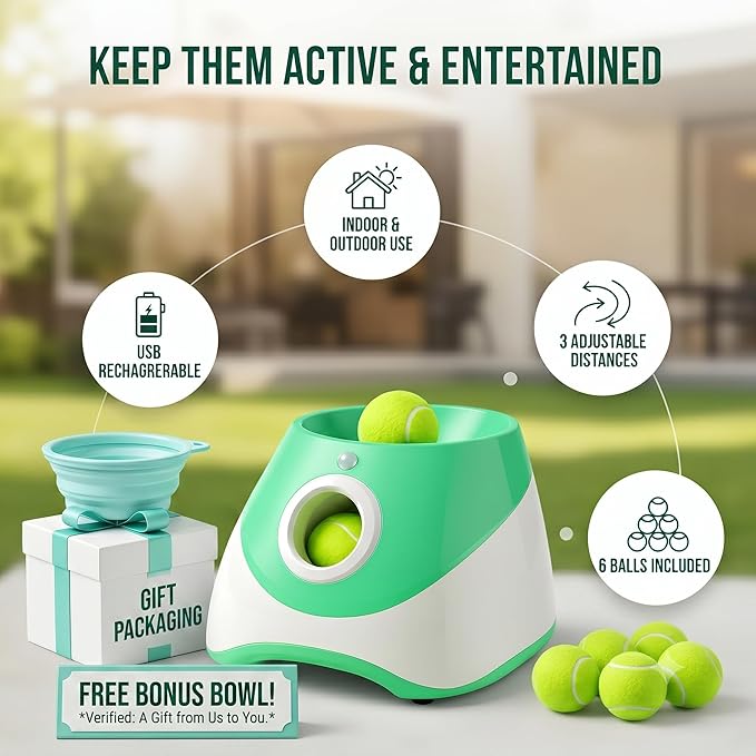 Dog Ball Thrower – Automatic Interactive Pet Tennis Ball Launcher with 6 Balls, USB Charging & Multiple Distance Settings – Indoor & Outdoor Training & Play Toy for Small & Medium Dogs