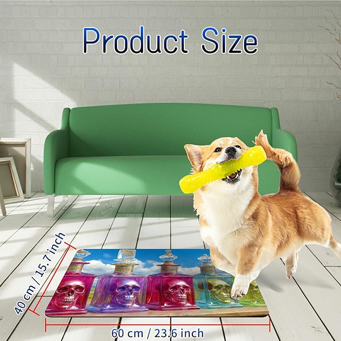 Dog Food Mat, 15.7" x 23.6" Absorbent Pet Feeding Mat for Food and Water, Waterproof Diatom Mud Pet Placemat with Non-Slip Rubber Backing, Cat Bowl Mat for Floors - Pink Green Bottle