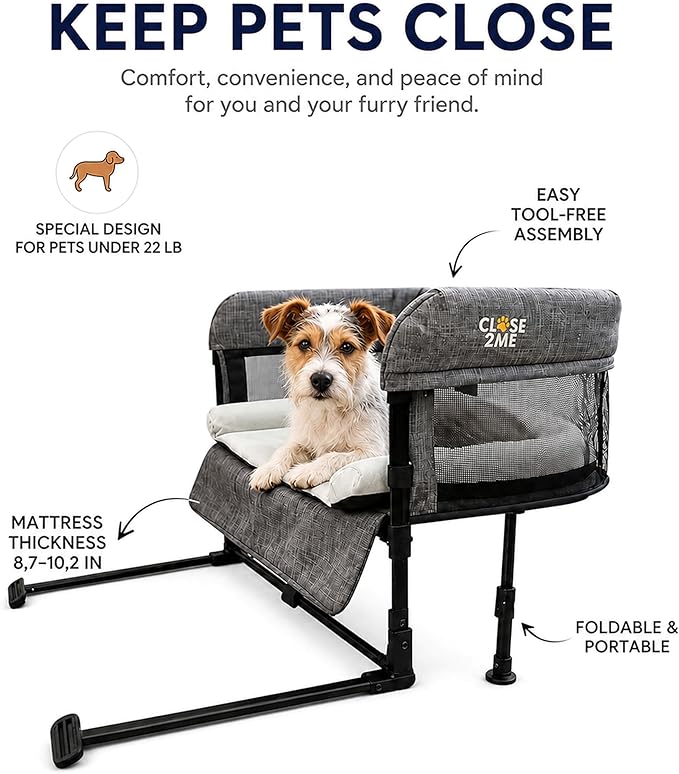 Englacha Close2Me Elevated Pet Bed - Bedside Mattress for Cats and Small Dogs - Comfortable, Cozy Design with Tool-Free Installation - Foldable for Easy Transport, Carry Bag Included