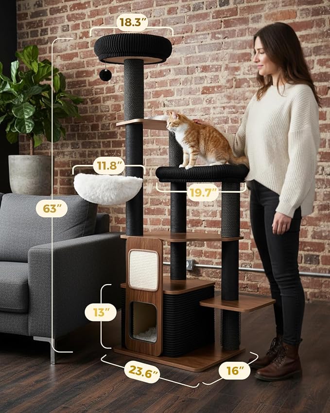 63" Modern Cat Tree Tower for Indoor Cats, Heavy Duty Cat Trees for Large Cat, Adult Maine Coon Cat Tree Tower with Scratching Post, Extra Large Top Perch, Cat Condos