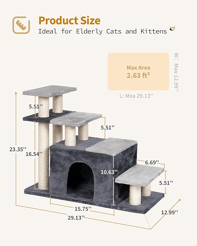 Aechonow 4-Tier Cat Stairs for High Bed with 22'' Cat Scratching Post, Pet Steps for Doggies Rabbit Ferret, Adjustable Cat Cave, Grey, Extra Large