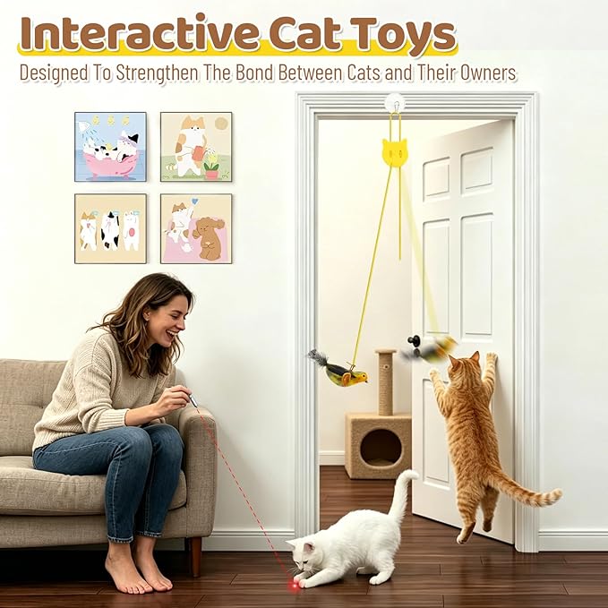 Obfuscate Flying Bird Cat Toy,Realistic Interactive Hanging Cat Toy with Chirping Sound,Retractable Door Frame Toy for Indoor Cats,Suitable for Bored Kittens and Multi-cat households(4Pcs)