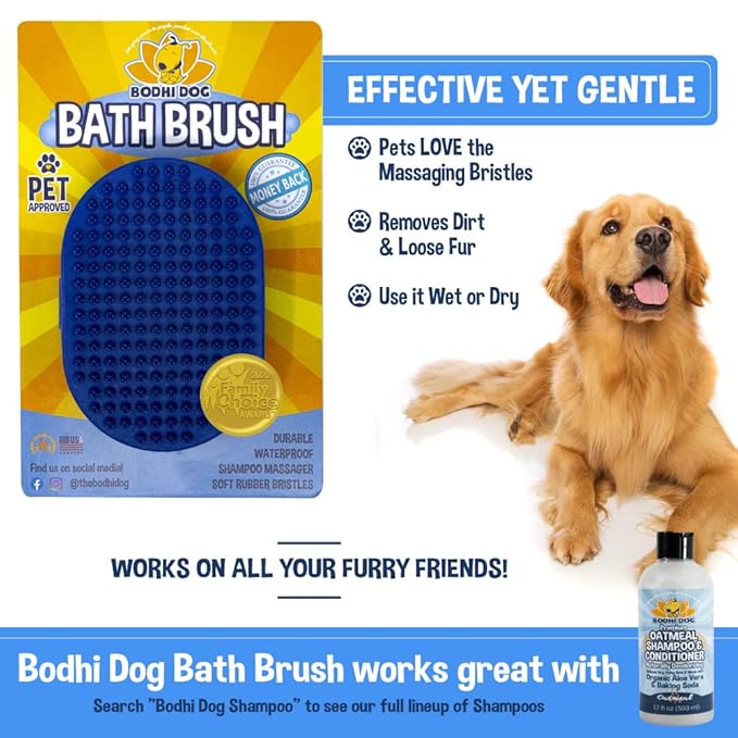 Bodhi Dog Stainless Steel Comb & Shampoo Brush - Bath & Shower Supplies for Dogs & Cats - Removes Shedding, Mats & Tangles - Pet Grooming Scrubber Bundle (Blue)