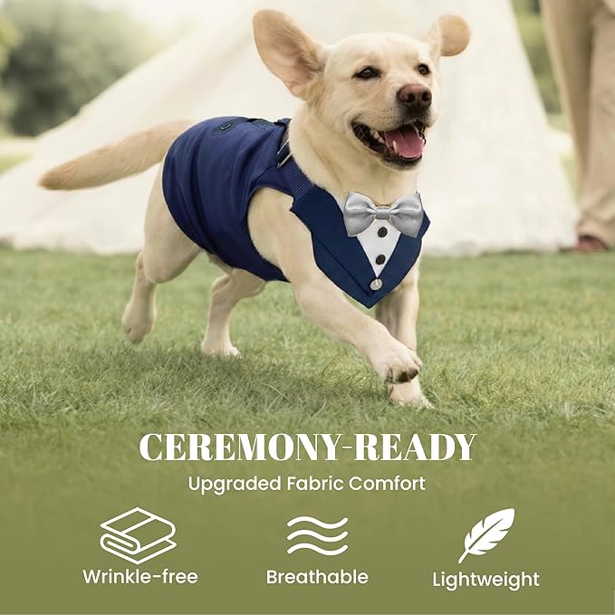 AVERYDAY 2 Pcs Dog Tuxedo & Bandana Set, Dog Suit Costume with Bowtie for Wedding Outfit, Pet Tux Harness with Leash Ring for Party Birthday Christmas, Formal Wear for Small Medium Large Breed