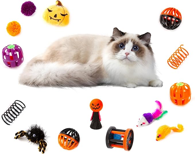 17 Pcs Halloween Cat Toys for Indoor Cats Collapsible 3 Way Cat Tunnel Interactive Feather Teaser Wand Ball Toy for Kitten Cats (17pcs-3 Way)