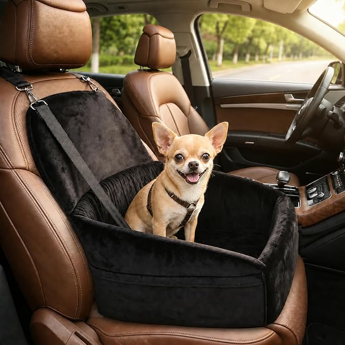 NUPIDA Dog Car Seat for Small Medium Dogs, Dog Booster Seat with Extendable Backrest, Pet Portable Car Seats up to 30 lbs, Washable Travel Bed with Storage Pockets and 2 Safety Leashes, Black