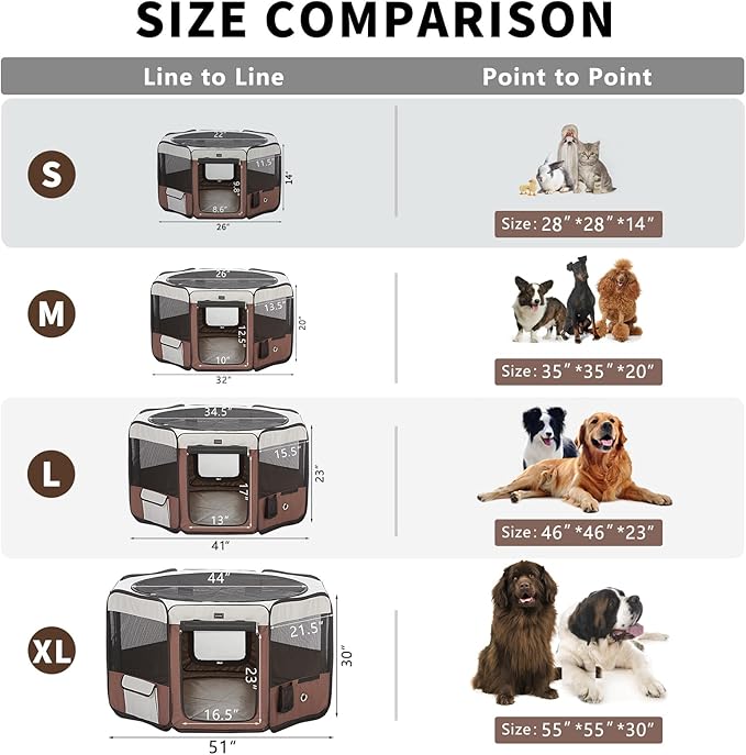 DONORO Dog Playpen Portable Pet Play Pens for Small Dog/Cat/Rabbit/Chicks, Cat Playpen Indoor/Outdoor with Carring Case, Removable Zipper Top and Bottom (Brown, Medium (35"x35"x20"), 8)