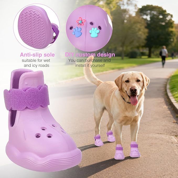 Dog Shoes for Hot Pavement and Snow - Waterproof, Non-Slip, Breathable Booties with Adjustable Straps for Small Medium, and Large Dogs (Purple, L)