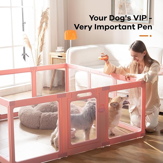 Clear Acrylic Dog Playpen Indoor, Puppy Cat Small Pet Play Pen, Pet Cat Playpen for Rabbits, Dog Fence Crate Kennel Whelping Cage (Pink, 8 Panel)