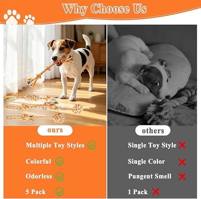 ASOCEA 5 Pack Dog Rope Toys Cotton Puppy Teething Rope Durable Chew Toys for Boredom Small Dogs Puppies Interactive Tug Toy for Training Fetching (Orange)