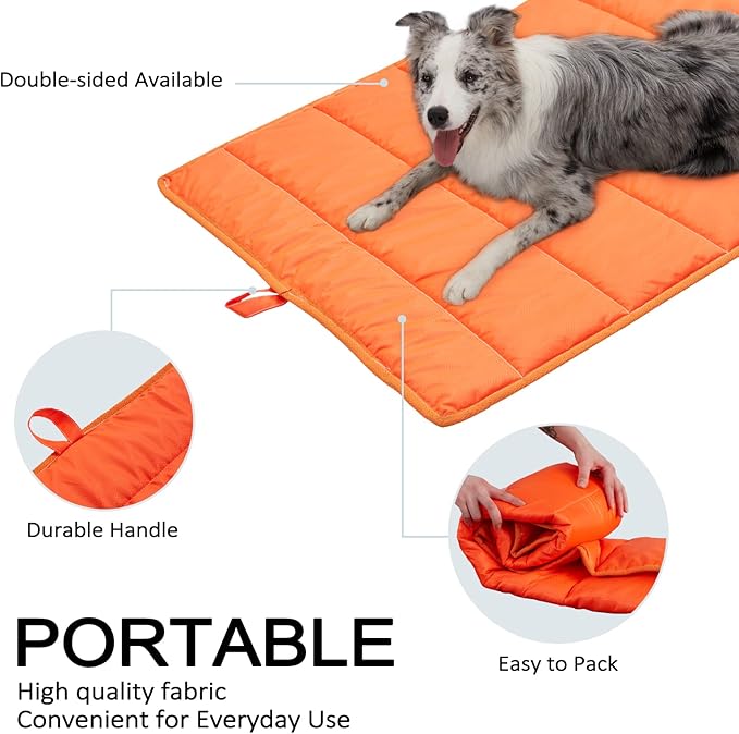 BDEUS Travel Dog Bed, Outdooor Camping Pet Mat, Portable Place Mat with Handle, Easy to Clean, Waterproof & Portable and Odor Resistant Pet Cooling Pad (Large 43" x 25", Orange)