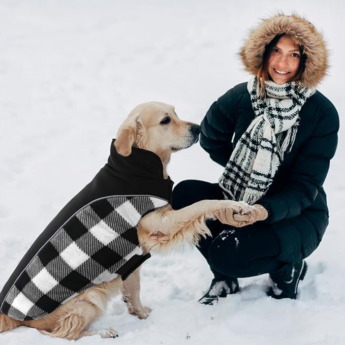Kuoser Dog Winter Coat, Reversible Waterproof Dog Jacket with Reflective Strip, Warm Dogs Fleece Vest Adjustable Doggy Cold Weather Clothes Plaid Christmas Outfit Pet Apparel for Small Dogs, Black XS