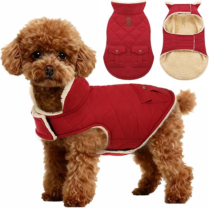 ASENKU Warm Dog Winter Coat, Waterproof Dog Coat for Cold Weather, Fleece Dogs Jacket with Ultra Thick Plush Lining Leash Hole Storage Pockets for Small Dogs (Red, X-Small)