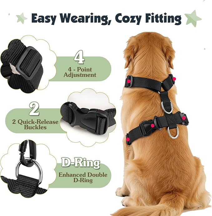 Pawaboo Dog Seat Belt Harness for Car, Dog Car Harness Seatbelt with Double Clips, Adjustable Breathable Pet Vest & Dogs Safety Tether with Elastic Bungee for Small Medium Large Pet, XL, Green + Black