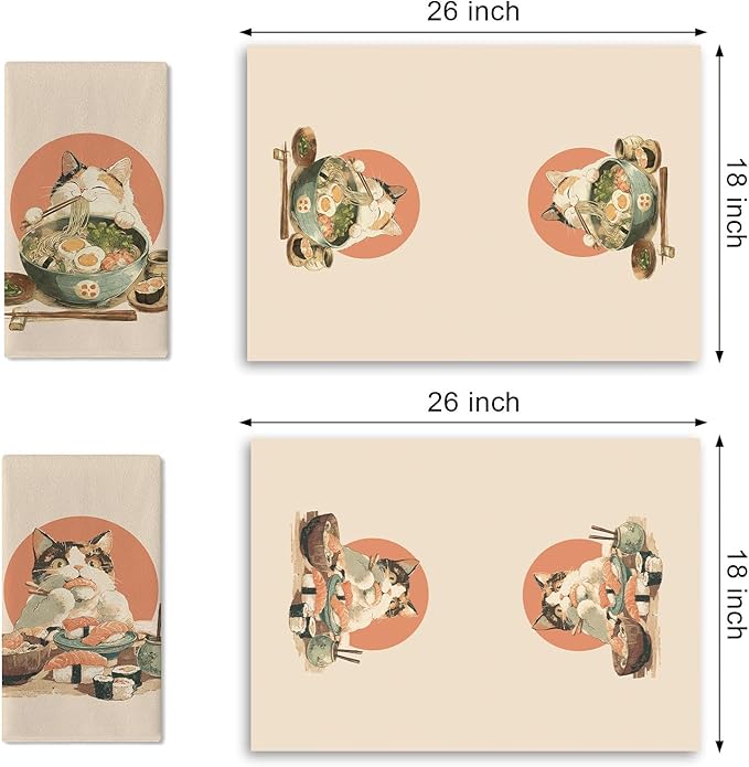 Funny Cat Japanese Food Kitchen Dish Towels Set of 2, Pet Sushi Ramen Noodles Drying Hand Towel Baking Cooking Cloth, Asian Cuisine Restaurant Dinning Room Home Decor 18'' x 26''